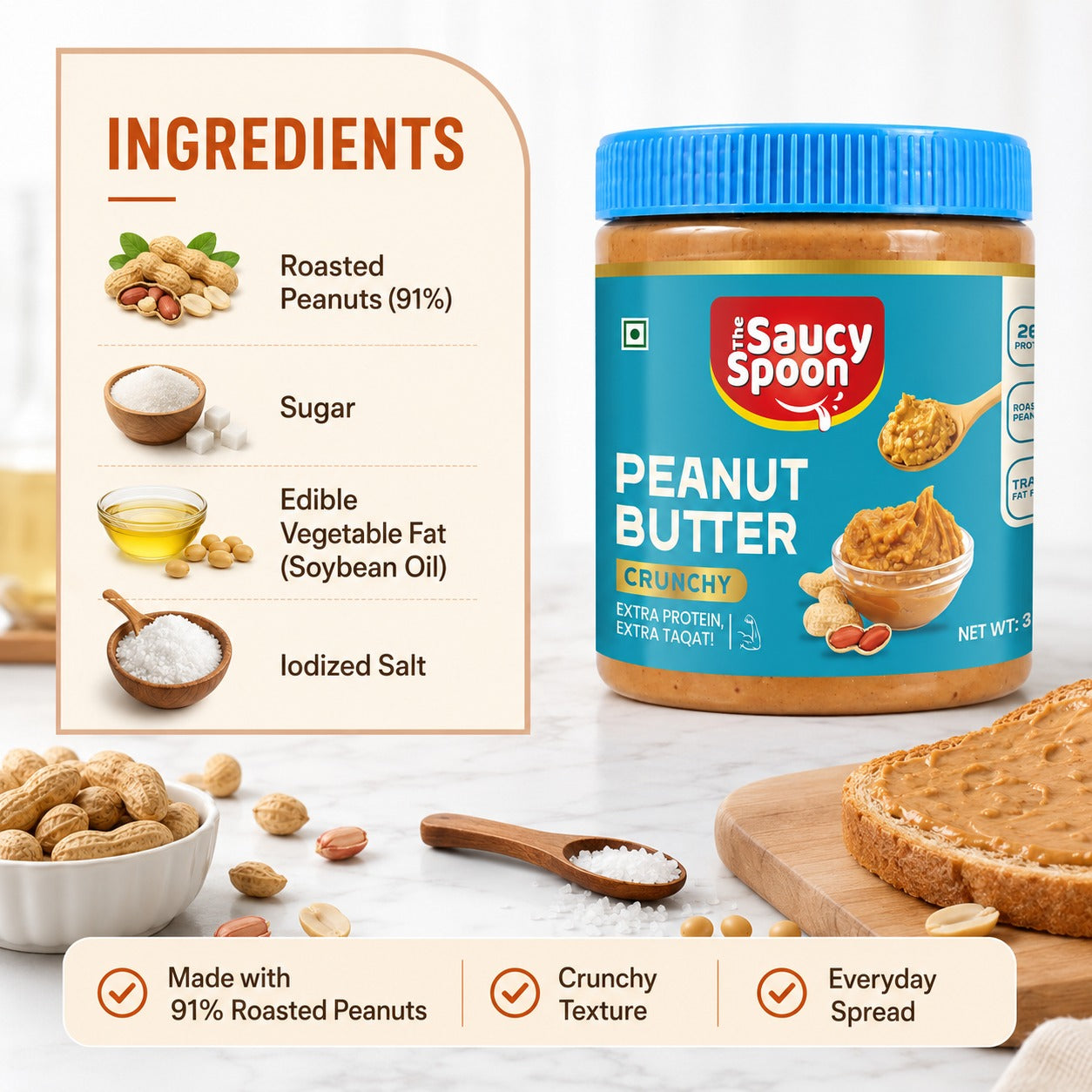 🥜 The Saucy Spoon – Peanut Butter Crunchy 1 kg | Premium Roasted Peanut Spread