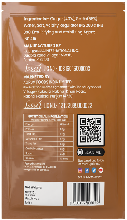🧄 Ginger Garlic Paste – 20g Sachets (Pack of 15)
