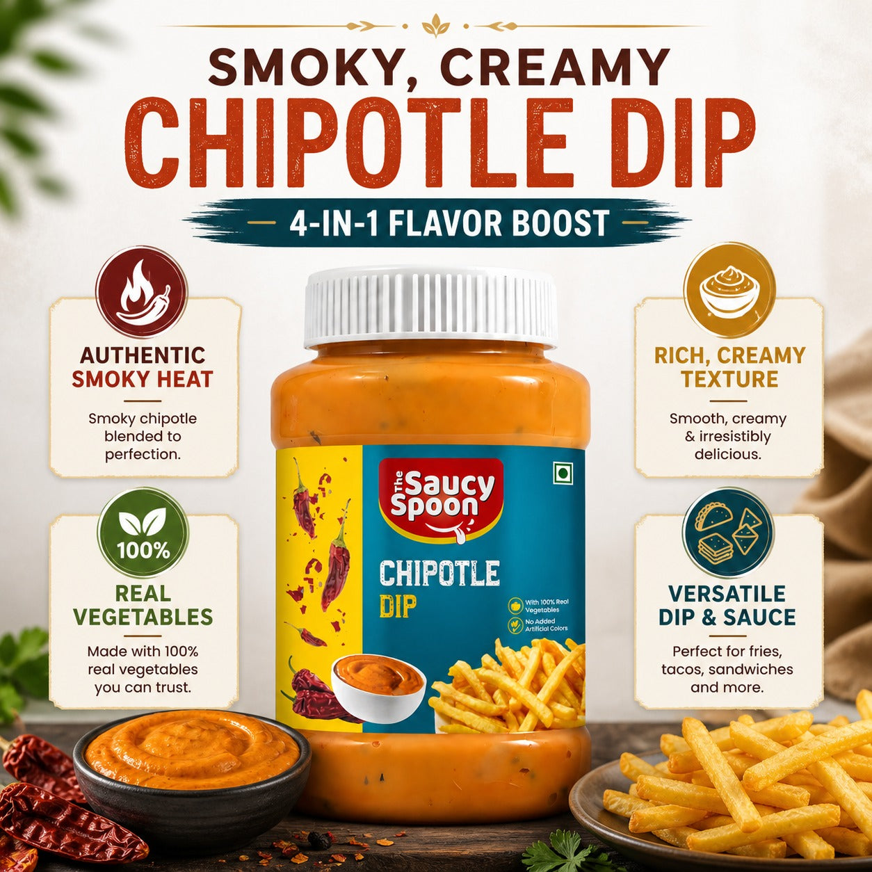 The Saucy Spoon Chipotle Dip 250 GM | Smoky & Creamy Spicy Dip for Nachos, Burgers & Snacks