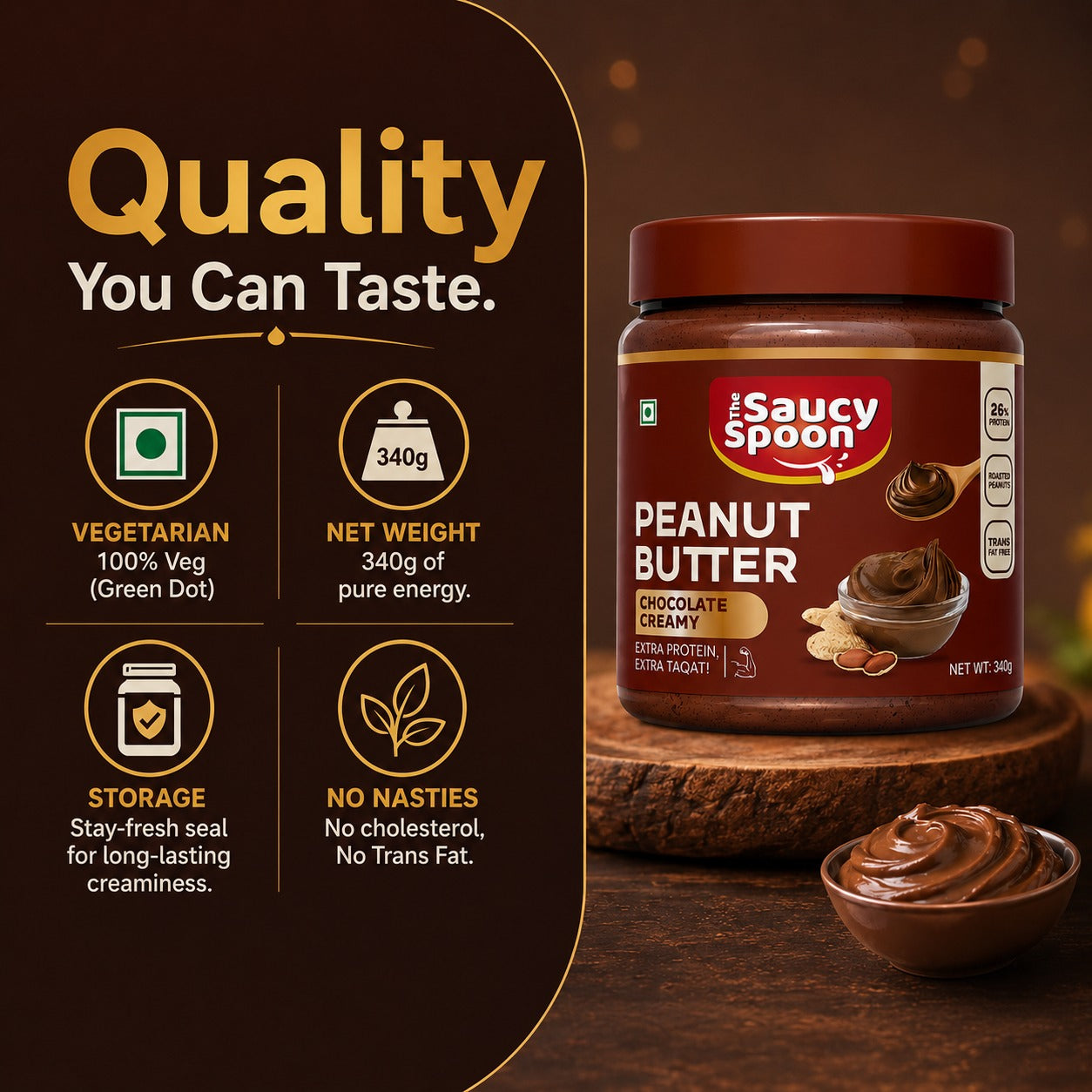 The Saucy Spoon Chocolate Peanut Butter 340 GM | Creamy Protein-Rich Chocolate Peanut Spread