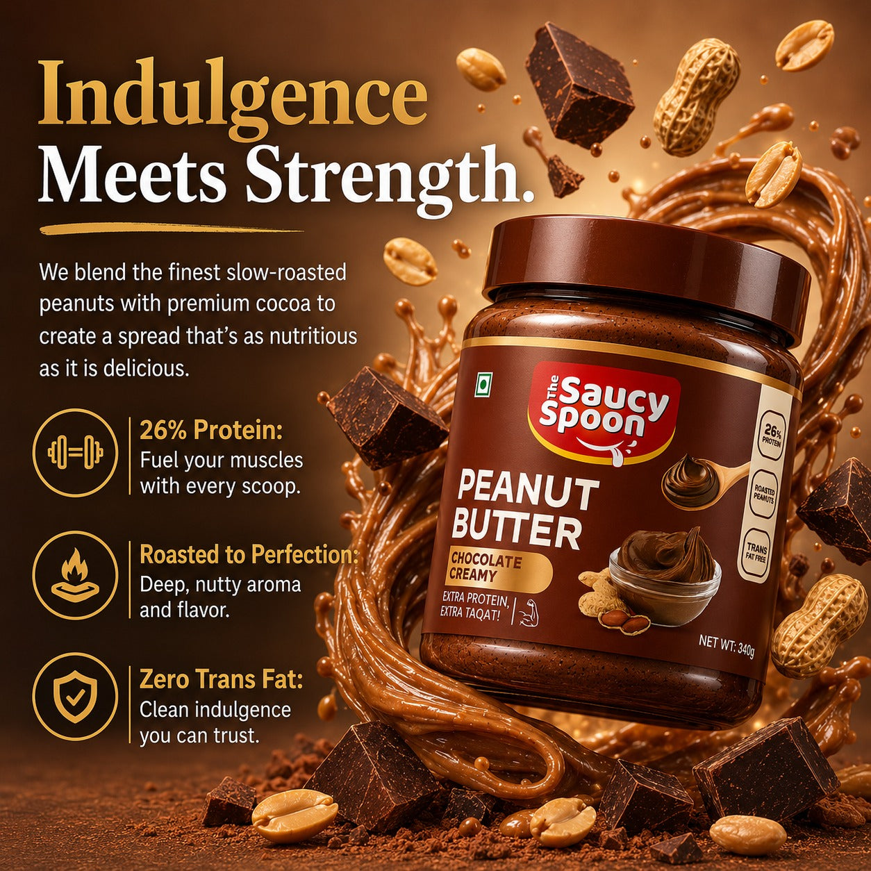 The Saucy Spoon Chocolate Peanut Butter 340 GM | Creamy Protein-Rich Chocolate Peanut Spread