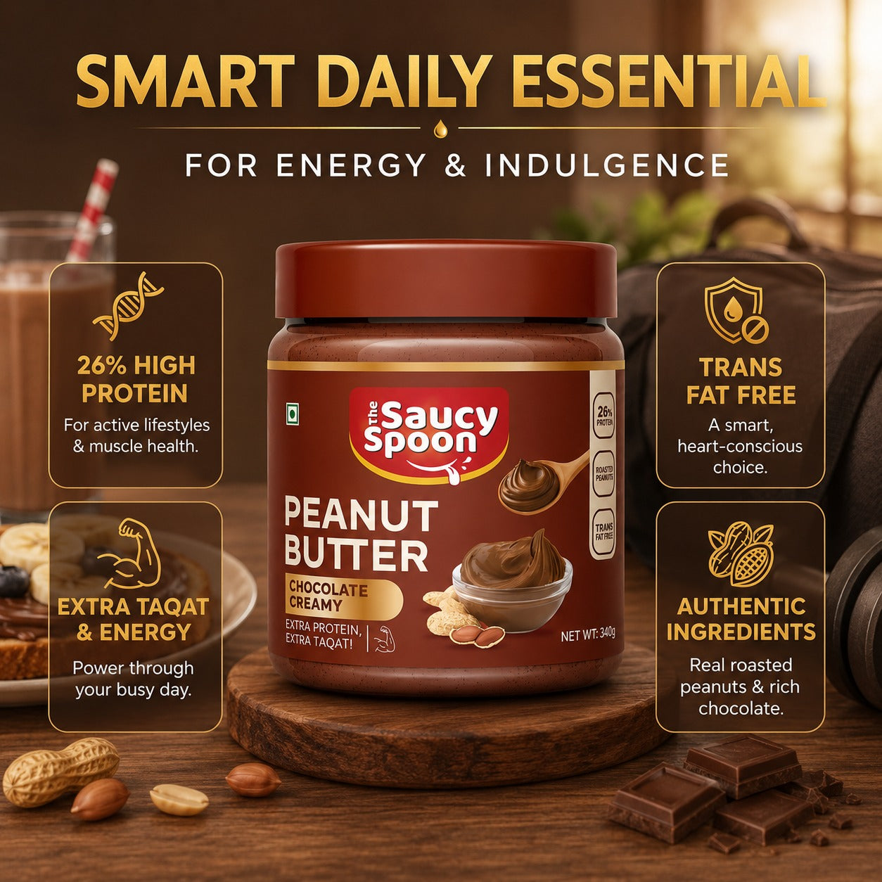 The Saucy Spoon Chocolate Peanut Butter 340 GM | Creamy Protein-Rich Chocolate Peanut Spread