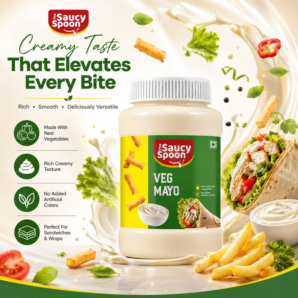 The Saucy Spoon Plain Veg Mayo 250 GM | Rich & Creamy Eggless Mayonnaise for Sandwiches, Burgers & Snacks
